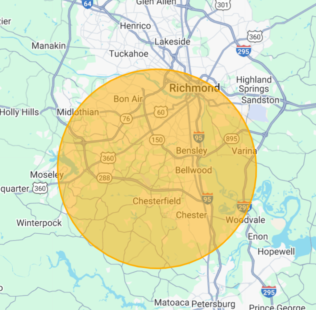 map showing the service around of peachers at and around chesterfield va