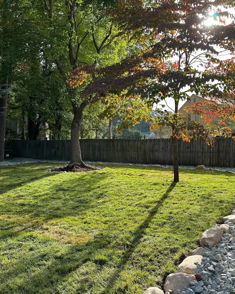 Landscaping Services in Chesterfield & Richmond | Peachers backyard with rock border with fresh sod installed in richmond va